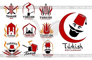 Turkish cuisine food, chef icons and symbols - color vector clipart