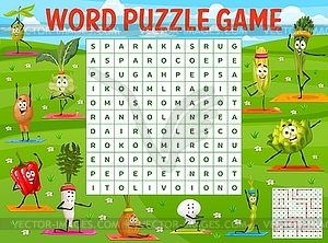 Cartoon vegetables in yoga poses word search game - royalty-free vector clipart