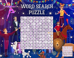 Cartoon shapito circus, word search puzzle game - vector clipart