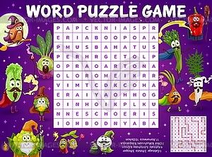 Word search puzzle worksheet with veggie wizards - color vector clipart