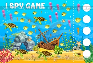 Underwater landscape with sea animals, I spy game - vector clip art