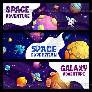 Space expedition, adventure, spacecrafts in galaxy - vector clipart