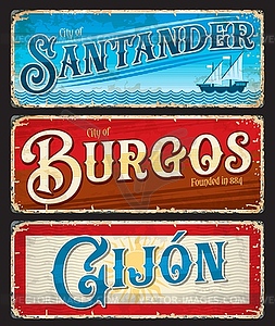 Santander, Burgos, Gijon spanish city tin plates - vector clipart