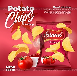 Realistic ketchup flavored potato chips package - vector clipart / vector image