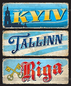 Kyiv, Tallinn, Riga city travel stickers, plates - vector image