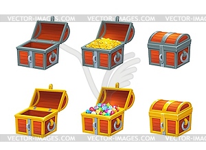 Cartoon chest treasure with golden coins and gems - vector clipart