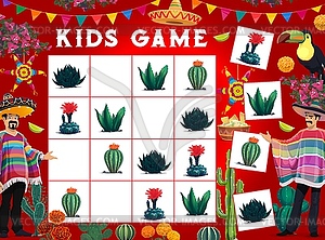 Sudoku game worksheet, Mexican cactuses, sombrero - vector clipart