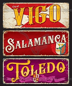 Vigo, Salamanca, Toldeo spanish city plates, signs - vector clipart