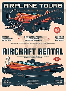 Aircraft rental and airplane tours retro posters - vector image