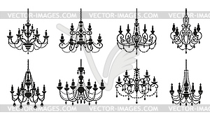 Chandelier silhouettes, candelabra crystal lamps - vector image