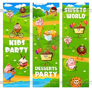 Kids party cartoon desserts characters on meadow - vector clip art