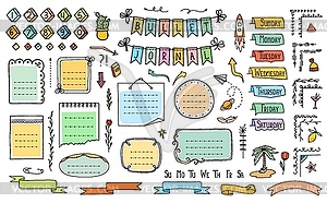 Bullet journal color doodle, diary calendar frames - vector clipart