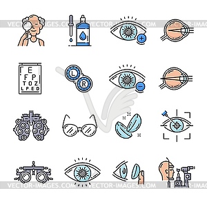Значки оптометрии, лазерная хирургия глаза, офтальмология - изображение в векторном виде