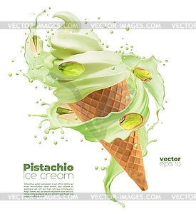 Realistic pistachio ice cream cone 3d - vector clipart