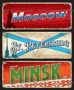 Saint Petersburg, Moscow, Minsk city travel plates - vector clip art