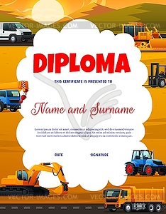Kids diploma with construction machines, transport - vector image