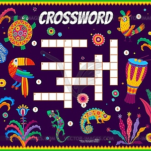 Crossword quiz game grid, mexican animals, flowers - vector clipart