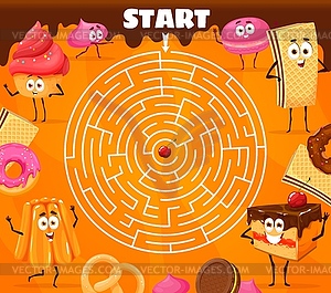 Round labyrinth maze cartoon bakery characters - vector clipart