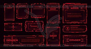 HUD danger zone, warning alert, danger red frames - vector clipart