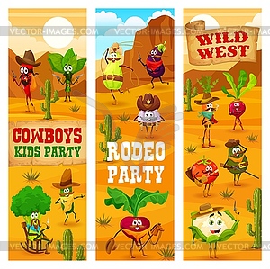 Rodeo cowboy party cartoon vegetable characters - vector image