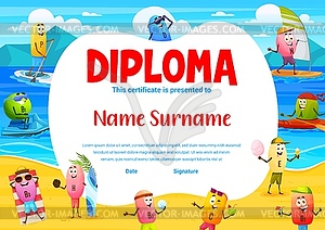 Kids diploma with cartoon vitamins on summer beach - vector clipart
