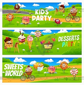 Kids party cartoon desserts characters on meadow - vector image