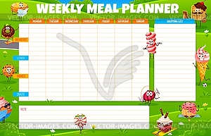 Weekly meal planner with cartoon dessert character - vector clipart