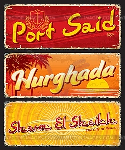 Port Said, Hurghada, Sharm El Sheikh travel plates - vector clip art