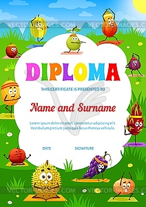 Kids yoga diploma with cartoon tropical fruits - vector clip art