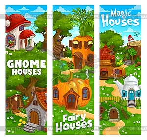 Cartoon gnome and elf houses or dwellings banners - vector image