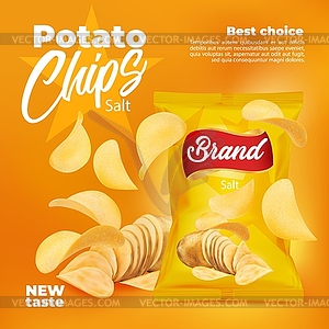 Realistic potato chips snack food package banner - vector image