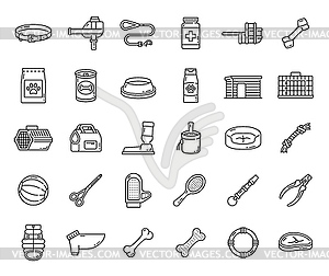 Dog pet care, veterinary and food outline icons - vector clip art