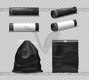 Black plastic garbage bags, trash bin roll mockup - vector clipart