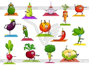 Cartoon vegetable characters doing yoga, pilates - vector clipart