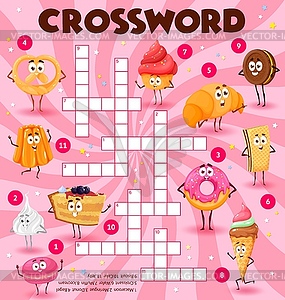 Cartoon sweets and desserts, crossword puzzle game - vector image