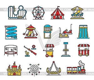 Amusement park, funfair attractions outline icons - vector clipart