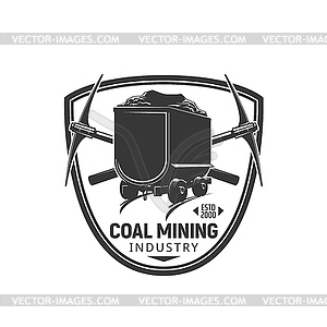 Coal mining trolley and crossed pickaxes icon - vector clipart