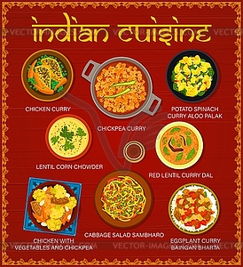 Indian cuisine restaurant meals menu page - vector image