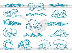 Sea and ocean wave icons, tsunami, surf waves set - vector clip art