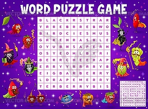 Cartoon berry magician word search puzzle game - vector clip art