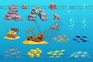 Underwater game asset. Cartoon ship, arch, stone - vector image