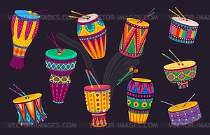 Бразильские и африканские барабаны, музыкальные инструменты - векторный клипарт
