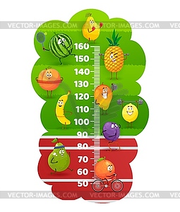 Happy fruits on stadium field, kids height chart - vector clipart