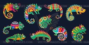 Cartoon Mexican chameleons lizards, funny reptiles - vector image