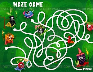 Labyrinth maze with funny cartoon berries wizards - vector image