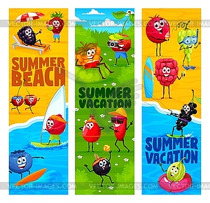 Cartoon berry characters on summer beach vacation - vector clipart