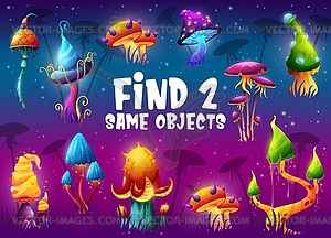 Find two same magic mushrooms kids game worksheet - vector clip art