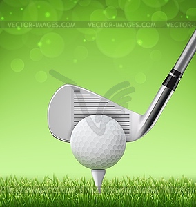 Golf club and ball stick tee on grass field design - vector image
