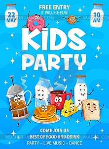 Kids party flyer with breakfast food characters - vector clip art