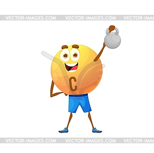 Cartoon vitamin C character workout with dumbbell - vector clip art